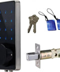 Built Tough Zinc Alloy Electronic Deadbolt Lock With A Slick Touchscreen Keypad Password Keyless Entry Setup, includes keys and components.