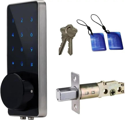 Built Tough Zinc Alloy Electronic Deadbolt Lock With A Slick Touchscreen Keypad Password Keyless Entry Setup, includes keys and components.