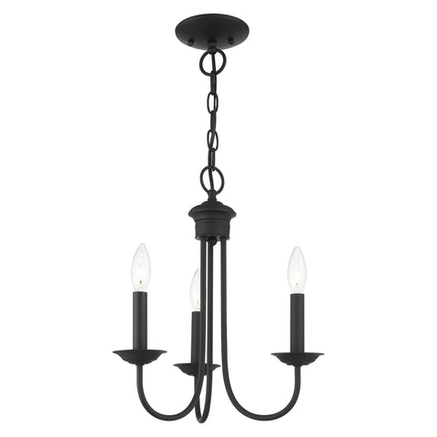 Three Light Black Steel Chandelier For Home Decor With Classic Estate Style Vibe Vintage Inspired Ceiling Fixture Durable Black Finish Perfect For Living Room Or Bedroom Soft Lighting Easy Hardwire Install Elevates Any Space in view showing three candle-style lights.