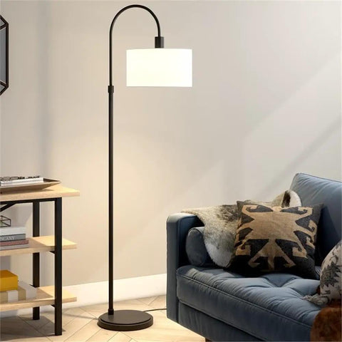 70 Inch Arc Floor Lamp With Fabric Shade In Brass White Modern Curved Arm Reading Light For Living Room Cozy Reading Nook Vibe Next To Sofa
