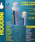 Product image showing two cans of Houdini 4-Way Lock Lubricant with product details and benefits listed on packaging.