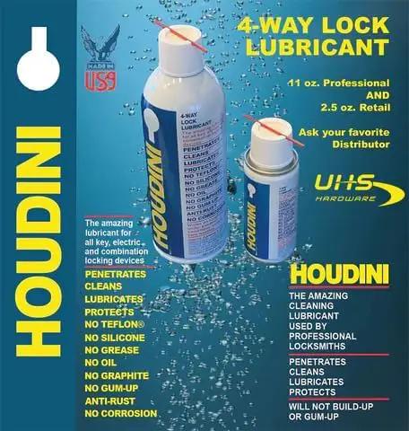 Product image showing two cans of Houdini 4-Way Lock Lubricant with product details and benefits listed on packaging.