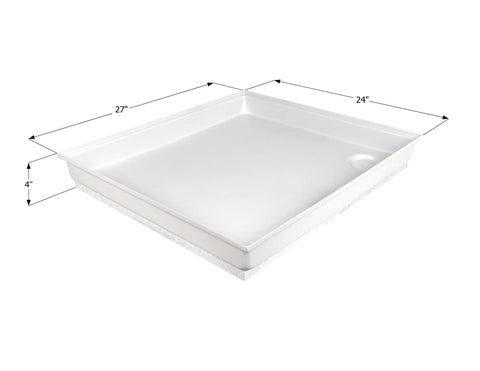 Universal ABS Shower Pan 27 Inch By 24 Inch By 4 Inch Polar White With Molded Drain Ready To Drill Durable Shower Floor Pan