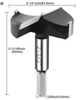 Top Shelf 2 1/2 Inch Carbide Forstner Drill Bit For Hardwood And Woodworking, showing cutting width and hex base details.