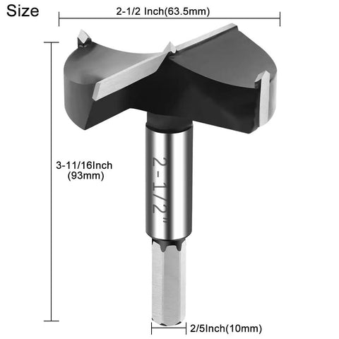Top Shelf 2 1/2 Inch Carbide Forstner Drill Bit For Hardwood And Woodworking, showing cutting width and hex base details.