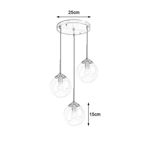Three Light Pendant Light Fixtures With Brass Lamp Holder And Handblown Glass Shade, 5.9 Inch Globe Shade, 110 Cm Adjustable Cord