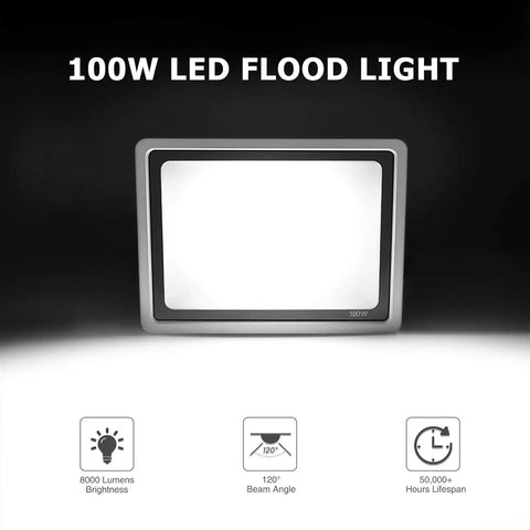 JUDYSSY Outdoor 100W Led Outdoor Flood Light, Security Light 3 Color Changing, 100w,1 Pack, showing front view and specifications.