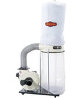 Hella Solid Two Horsepower Dust Collector Providing Strong Suction Paired With Clear Heavy Duty Pvc Hose Bundle Includes Four Inch By Twenty Foot Flexible Tubing For Workshop, featuring a white collection bag and flexible hose.