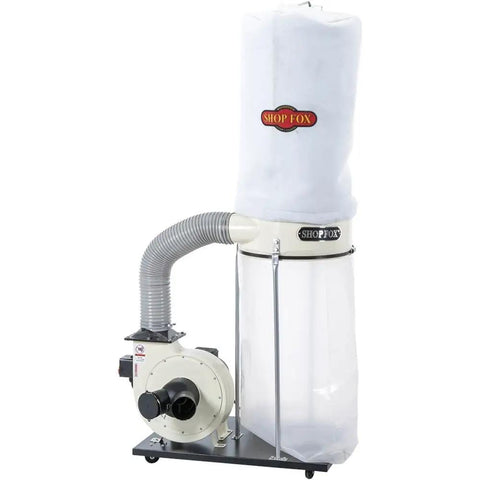 Hella Solid Two Horsepower Dust Collector Providing Strong Suction Paired With Clear Heavy Duty Pvc Hose Bundle Includes Four Inch By Twenty Foot Flexible Tubing For Workshop, featuring a white collection bag and flexible hose.