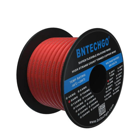 8 AWG Silicone Wire Spool 50 Ft Red Super Flexible Stranded Tinned Copper Wire For Auto Electronics High Strand Count 1650 Strands Ultra Soft Insulation Low Impedance Power Run, showing spool and wire details.