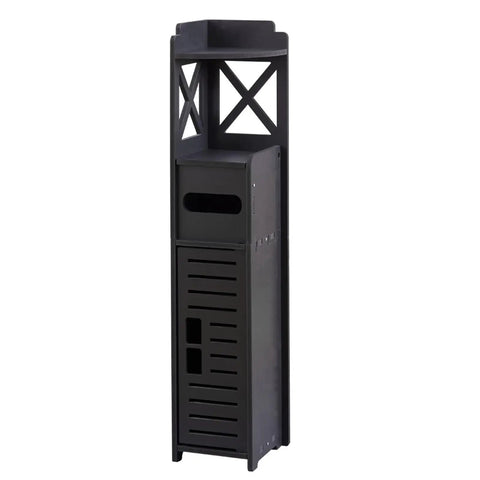 Slim Toilet Paper Storage Cabinet For Tiny Bathrooms, Narrow Corner Shelf With Doors And Shelves, 29.9 Inch Tall, Black