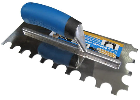 U Notch Stainless Steel Trowel Five Eighths Inch With Flexible 304 Bright Stainless Steel Extra Soft Gorilla Grip Handle Aluminum Shank Pro Grade Mortar And Tile Trowel For Smooth Long Lasting Application, top view showing U-notch blade