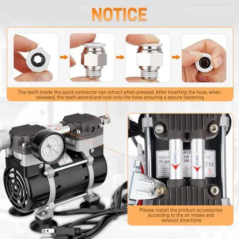 Oil-free lab vacuum pump, 50 L/min, black and silver unit with pressure gauge and quick-connect fittings.