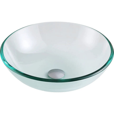 Modern Tempered Glass Vessel Sink Bowl For Bathroom, Clear Round Above-Counter Top Mount Vanity With Pop Up Drain, Sleek Oval Basin