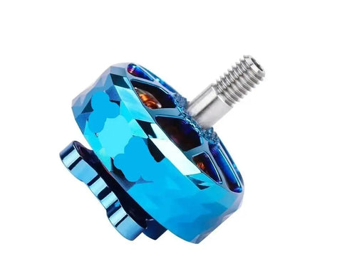 Dual KV 2550KV And 1950KV Brushless Drone Motor, blue aluminum, for 4-5 inch FPV drones, 150mm lead, side view.