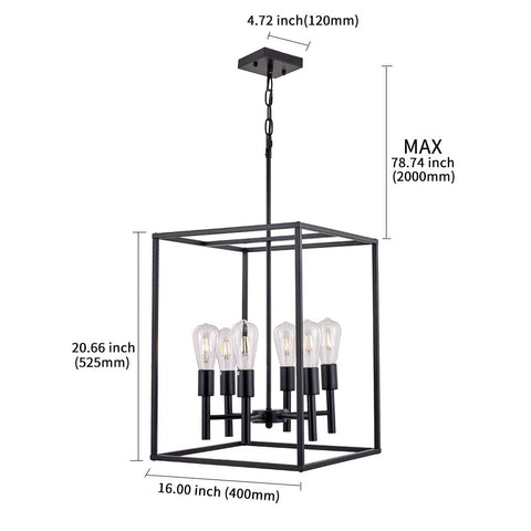 Black Classic Farmhouse 6 Light Pendant Chandelier With Square Cage Shades, Ceiling Hanging Fixture, Adjustable Height