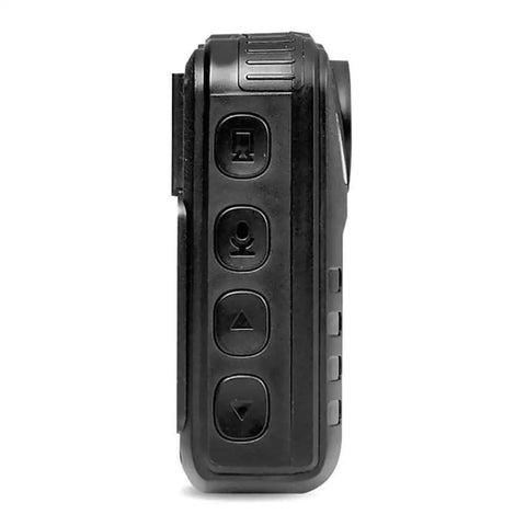 Side view of Portable Body Camera For Security Pros Gear Up With Wireless Wearable HD Video And IR Night Vision Built In Rechargeable Battery LCD Display 16GB Memory Easy USB File Transfer showing control buttons