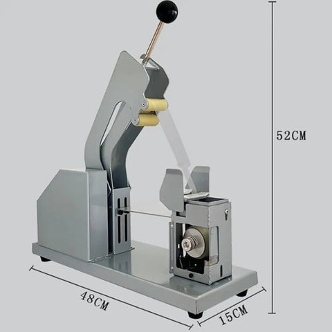 Dfedhf Compact Vegetable Strapping Machine With Adjustable Tension And Multi-Hole Design For Efficient Farm Packaging Bundling Of Fresh Produce And Fruit With Heavy Duty Construction, side view, measurement details, durable metal construction.