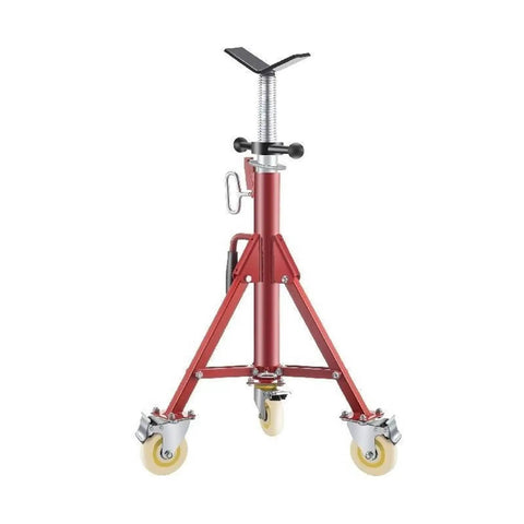 Beefy Heavy Duty Pipe Jack Stand With V Head And 2/4 Ball Transfer Folding Tripod Pipe Support Adjustable 20 To 55 Inches 12 Inch Pipeworking Clamp Tool Stand Rugged Steel Construction Safe Locking Easy Setup, red steel tripod with casters