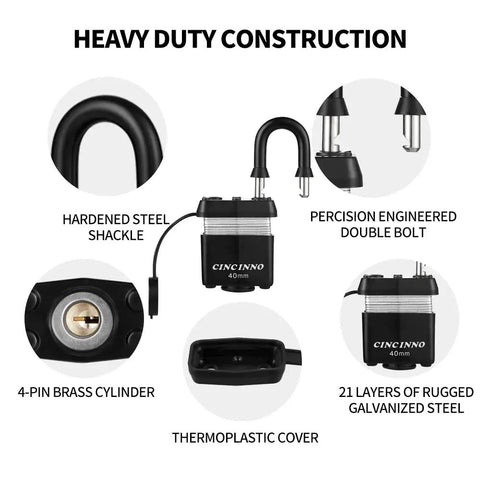 Heavy duty construction of 40mm Weatherproof Laminated Steel Padlocks with keys, featuring hardened shackle, 12 pack.