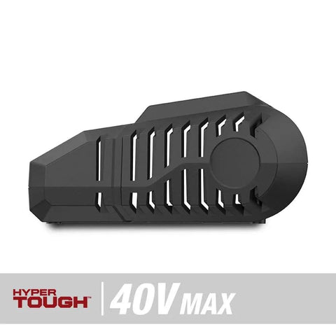 40V Max battery charger design, black plastic, side view, Hyper Tough branding