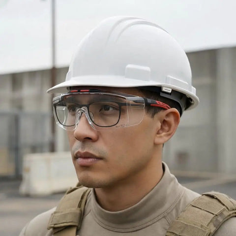 Worker wearing Anti Fog Lab Safety Glasses For Glasses Wearers Over Eyeglasses Clear And Tinted 2 Pack With Integrated Side Shields ANSI Z87.1 Plus UV400 Protection Over Prescription Glasses Goggles with a hard hat.