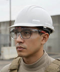 OTG Safety Goggles For Glasses Wearers With Smoke Tint Anti Fog Lenses UV400 Protection worn by person with hard hat