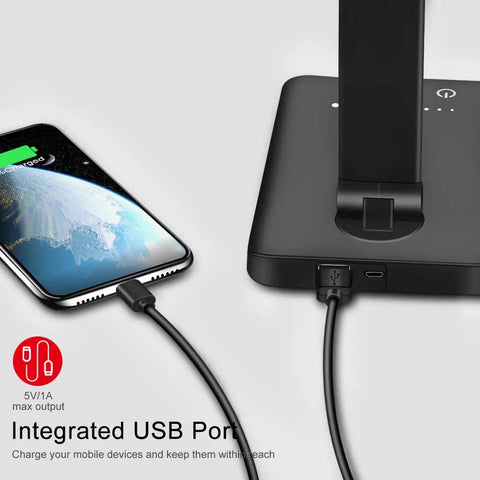 8 In 1 4th Gen Multifunctional LED Desk Lamp with USB port charging a phone, highlighting integrated charging features.