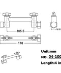 Technical drawing of a 4 Inch Brass Shower Arm Extension With Adjustable Height Mount For Shower Head Chrome Finish Heavy Duty Build Half Inch NPT Male To Shower Head And Half Inch IPS Female To Arm, dimensions included.