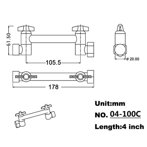 Technical drawing of a 4 Inch Brass Shower Arm Extension With Adjustable Height Mount For Shower Head Chrome Finish Heavy Duty Build Half Inch NPT Male To Shower Head And Half Inch IPS Female To Arm, dimensions included.
