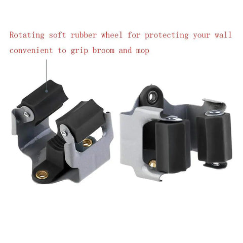 Heavy Duty Wall Mounted Mop Broom Holder Rack Set Of 10 Clips with rotating rubber wheels, black and grey, close-up view