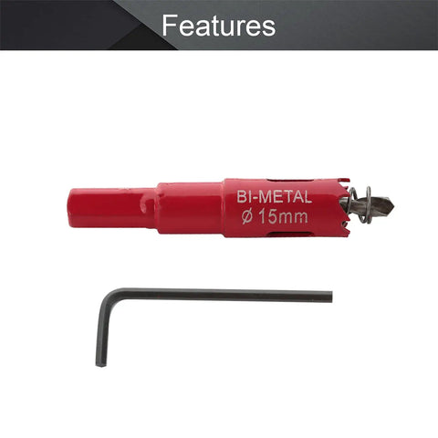 Heavy Duty Bi-Metal Hole Saw 0.6 Inch Diameter with 1 Inch Cutting Depth and Triangular Handle next to Allen key