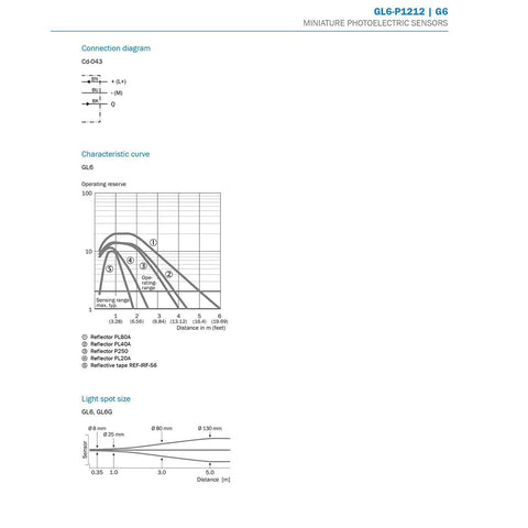 Chart and diagram of photoelectric retro-reflective sensor with PNP light dark switching for automation machines.