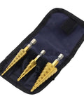 3 Piece Pagoda HSS Titanium Plated Step Drill Bit Set For Metal And Wood Aluminum Stainless Steel Plastic Reaming Cone Bits With Six Point Three Five Millimeter Hex Shank Dope Heavy Duty Tool Kit With Storage Case shown in black pouch.