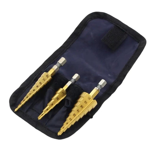 3 Piece Pagoda HSS Titanium Plated Step Drill Bit Set For Metal And Wood Aluminum Stainless Steel Plastic Reaming Cone Bits With Six Point Three Five Millimeter Hex Shank Dope Heavy Duty Tool Kit With Storage Case shown in black pouch.