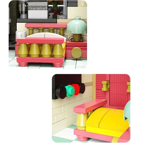 Details of Lit 3-Floor Modular Pizza Shop Building Kit With Fully Printed Pieces, Glowing Brick Oven, City Street Details, Pizzeria Set