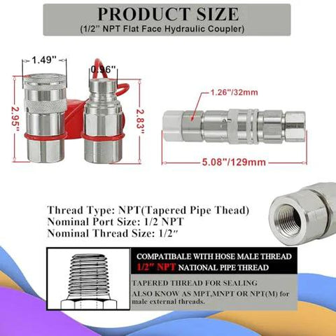 Front view of 1/2 in NPT flat-face hydraulic quick-connect couplers; two metal fittings.