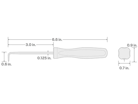 Technical drawing of 90 Degree Pointed Pick With 1/8 Inch By 3 Inch Shank For Precision Prying Scraping And Pulling Tasks, Made In USA.