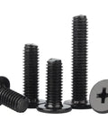 Rock Solid M2.5 X 6mm Cross Recess Wafer Head Machine Screws With A Slick Black Plated Finish, assorted view of screws.
