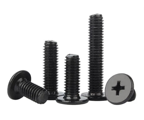 Rock Solid M2.5 X 6mm Cross Recess Wafer Head Machine Screws With A Slick Black Plated Finish, assorted view of screws.
