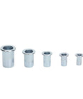 Five metal rivet nuts from 86 Piece Rivet Nut Tool Kit With Alloy Steel Build Includes 5 Mandrels And 80 Rivets For DIY Furniture Restoration
