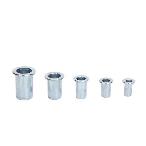 Five metal rivet nuts from 86 Piece Rivet Nut Tool Kit With Alloy Steel Build Includes 5 Mandrels And 80 Rivets For DIY Furniture Restoration