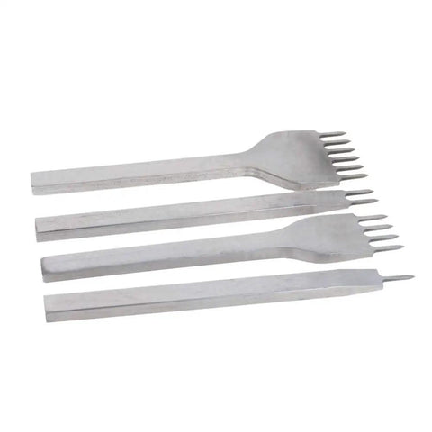 Set of four Leather Stitching Punch Kit With White Steel Prongs 5mm Pitch 1 2 4 6 Prong Tools on white background