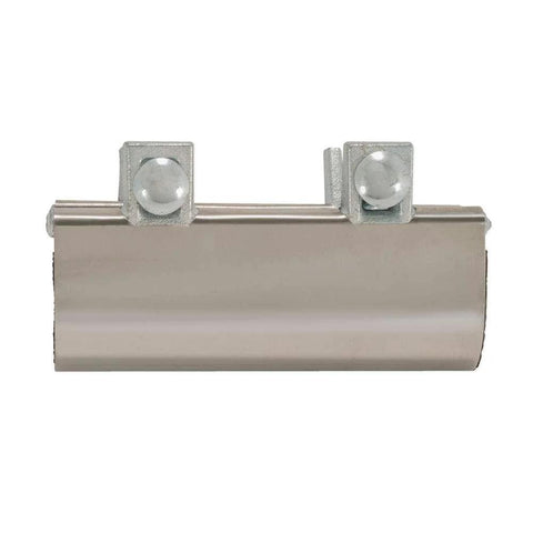 Front view of Eastman 6-inch stainless steel pipe repair clamp for 1-1/2 inch IPS connection and two mounting lugs.