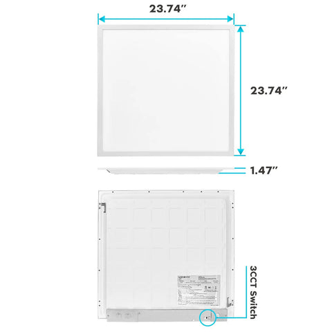 2x2 Ft LED Flat Panel Lights Slick 4400 Lumens 40W 3 Color Temperature Switchable showing dimensions and 3CCT switch