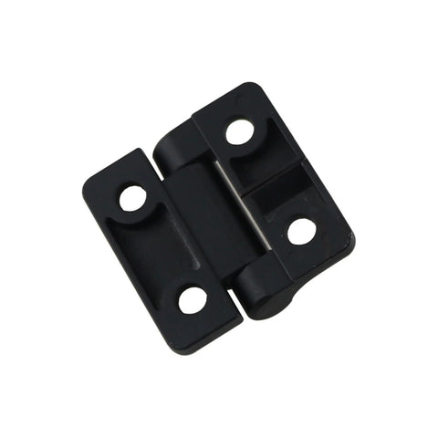 Black zinc alloy torque hinge, two-piece with mounting holes, front view