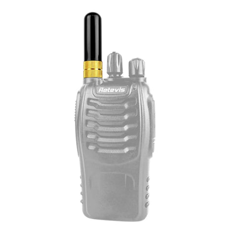 Compact Dual Band Ham Radio Short Antenna SMA Female Connector For VHF UHF Use 5 Cm Length shown on walkie talkie
