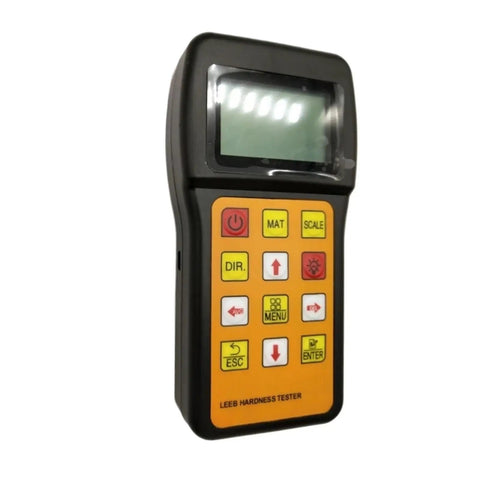 Portable Digital Leeb Hardness Tester With Tough Compact Build And No Sweat One Grip Operation For All Metal Alloys Quick Multi Scale Readings Like HRC HRB HV Totally Legit For Every Field Pro, front view showing buttons and display.