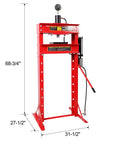 Professional Grade 30 Ton Air Hydraulic Shop Press With Precision Gauge, adjustable H frame design, dimensions 68-3/4 x 31-1/2 x 27-1/2 inches.
