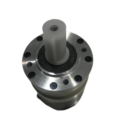 Rock Solid Round Flange Helical Planetary Gearbox For NEMA23 Steppers Zero Play Speed Reducer showcasing metal casing and central shaft.